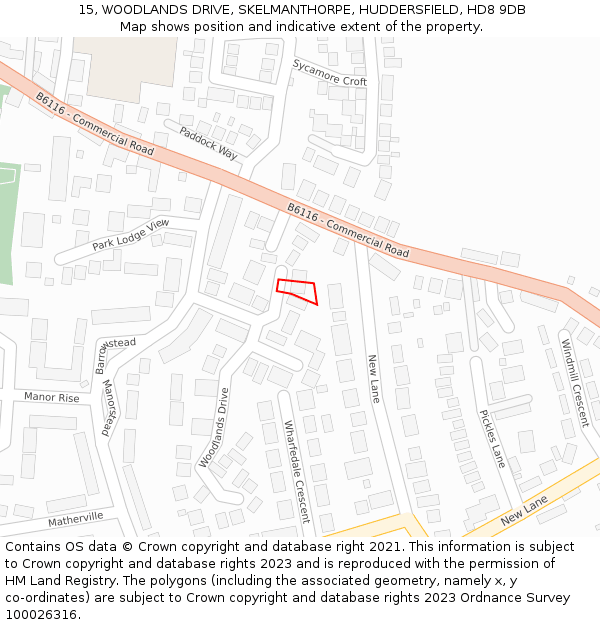 15, WOODLANDS DRIVE, SKELMANTHORPE, HUDDERSFIELD, HD8 9DB: Location map and indicative extent of plot