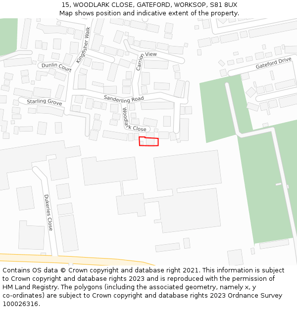 15, WOODLARK CLOSE, GATEFORD, WORKSOP, S81 8UX: Location map and indicative extent of plot