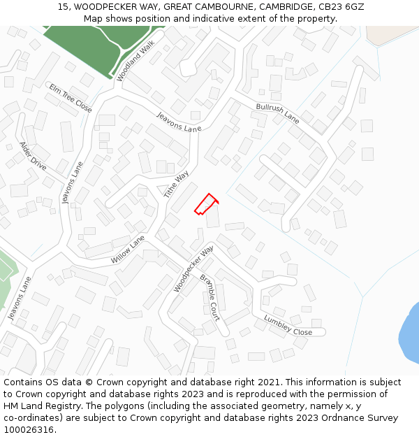 15, WOODPECKER WAY, GREAT CAMBOURNE, CAMBRIDGE, CB23 6GZ: Location map and indicative extent of plot
