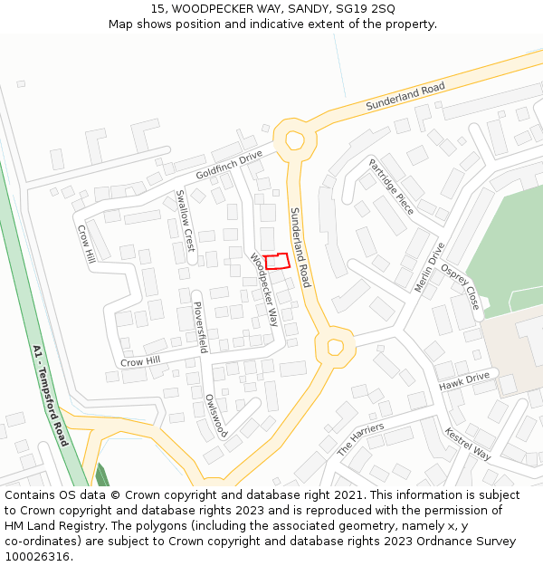 15, WOODPECKER WAY, SANDY, SG19 2SQ: Location map and indicative extent of plot