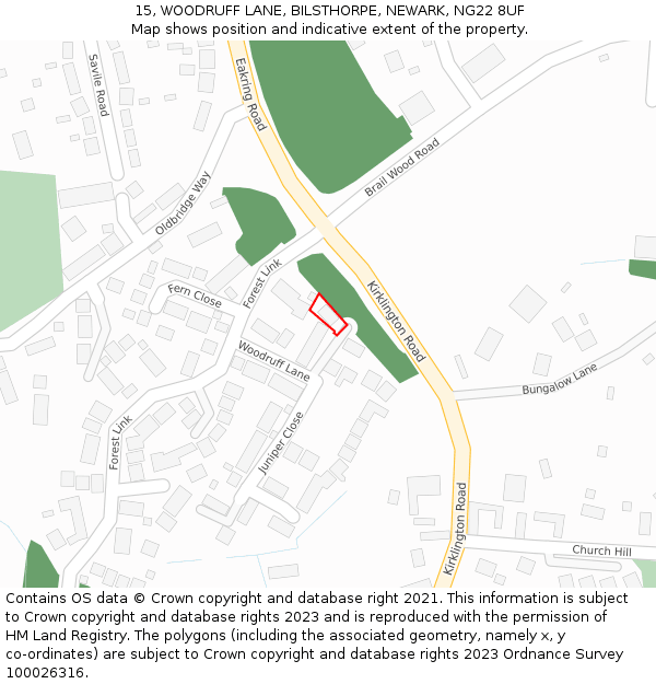 15, WOODRUFF LANE, BILSTHORPE, NEWARK, NG22 8UF: Location map and indicative extent of plot