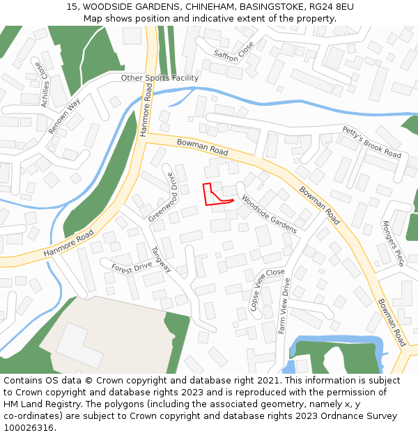 15, WOODSIDE GARDENS, CHINEHAM, BASINGSTOKE, RG24 8EU: Location map and indicative extent of plot
