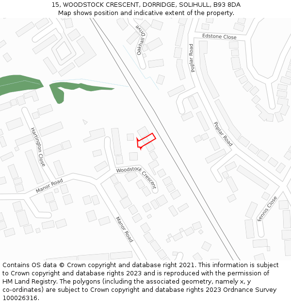 15, WOODSTOCK CRESCENT, DORRIDGE, SOLIHULL, B93 8DA: Location map and indicative extent of plot