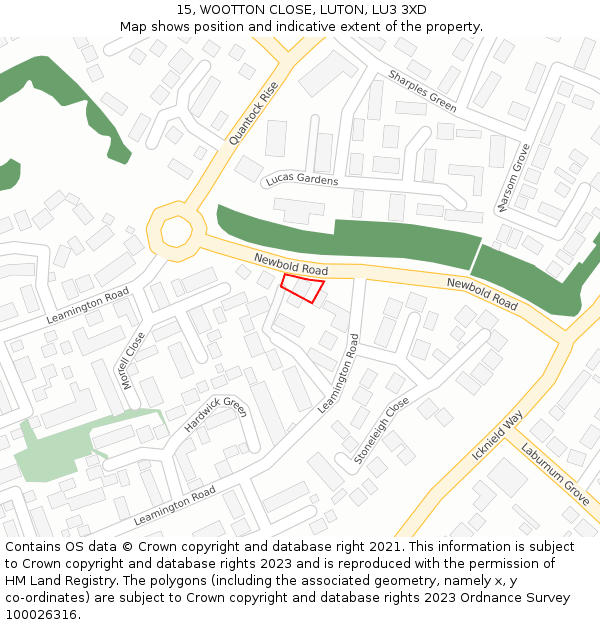 15, WOOTTON CLOSE, LUTON, LU3 3XD: Location map and indicative extent of plot