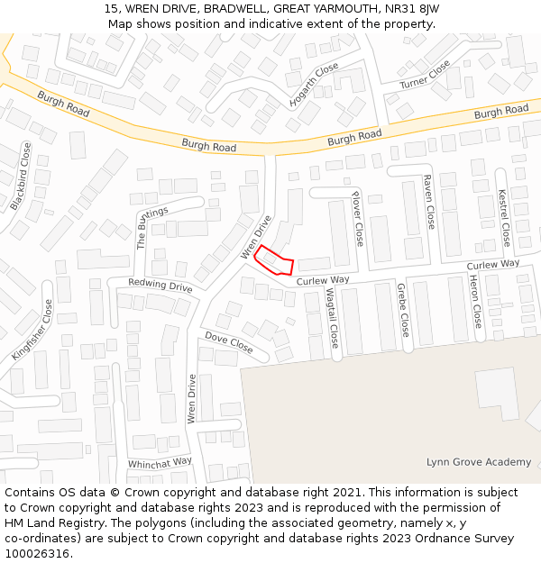 15, WREN DRIVE, BRADWELL, GREAT YARMOUTH, NR31 8JW: Location map and indicative extent of plot