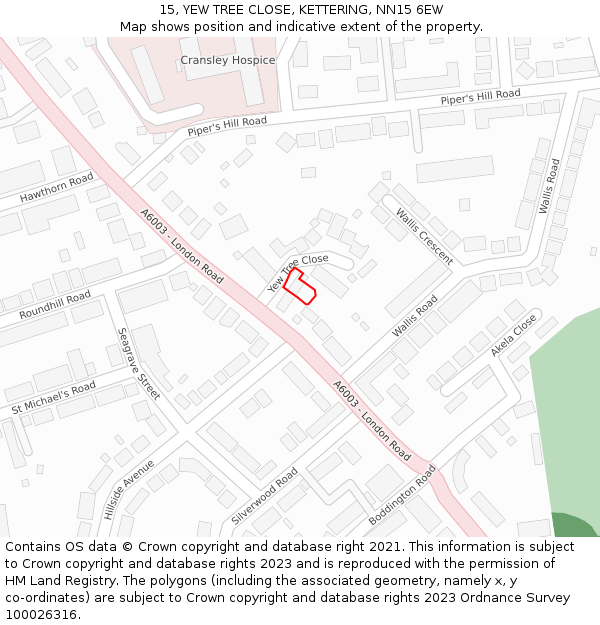 15, YEW TREE CLOSE, KETTERING, NN15 6EW: Location map and indicative extent of plot
