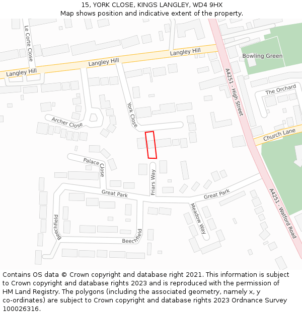 15, YORK CLOSE, KINGS LANGLEY, WD4 9HX: Location map and indicative extent of plot