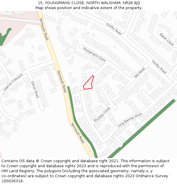 15, YOUNGMANS CLOSE, NORTH WALSHAM, NR28 9JQ: Location map and indicative extent of plot