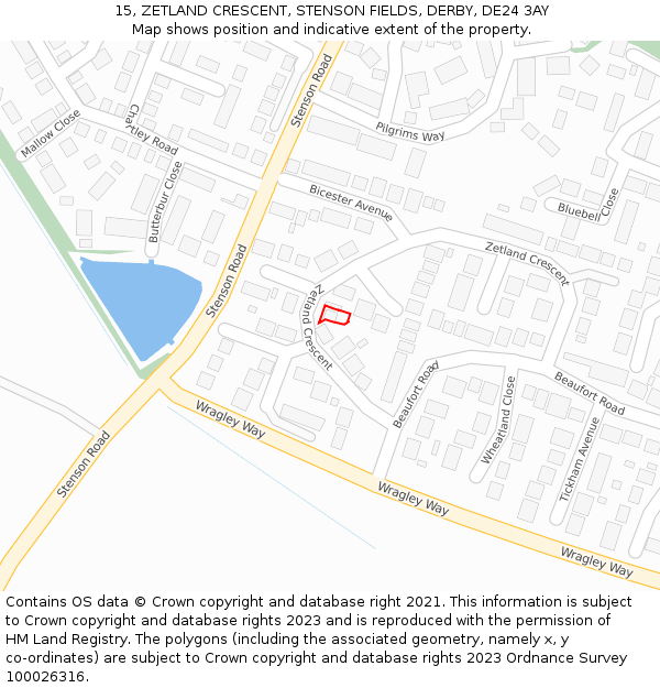 15, ZETLAND CRESCENT, STENSON FIELDS, DERBY, DE24 3AY: Location map and indicative extent of plot