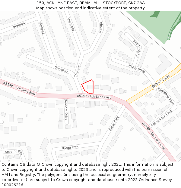 150, ACK LANE EAST, BRAMHALL, STOCKPORT, SK7 2AA: Location map and indicative extent of plot