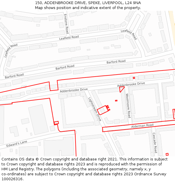 150, ADDENBROOKE DRIVE, SPEKE, LIVERPOOL, L24 9NA: Location map and indicative extent of plot