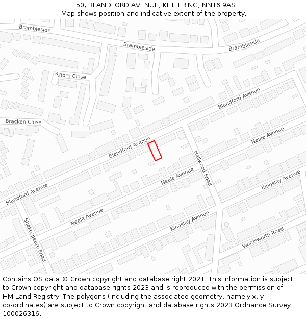 150, BLANDFORD AVENUE, KETTERING, NN16 9AS: Location map and indicative extent of plot