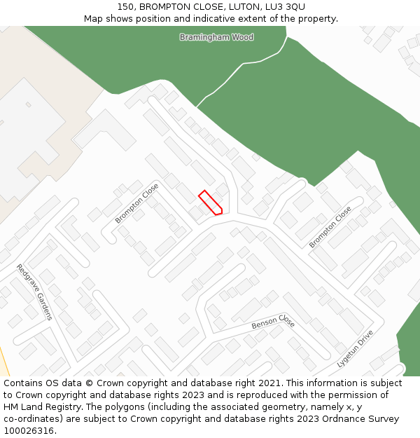 150, BROMPTON CLOSE, LUTON, LU3 3QU: Location map and indicative extent of plot