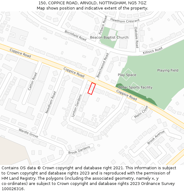 150, COPPICE ROAD, ARNOLD, NOTTINGHAM, NG5 7GZ: Location map and indicative extent of plot