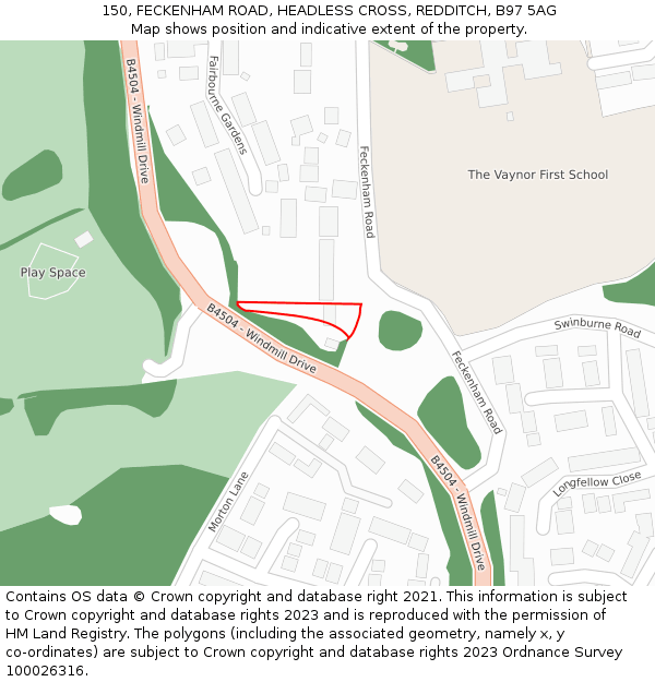 150, FECKENHAM ROAD, HEADLESS CROSS, REDDITCH, B97 5AG: Location map and indicative extent of plot