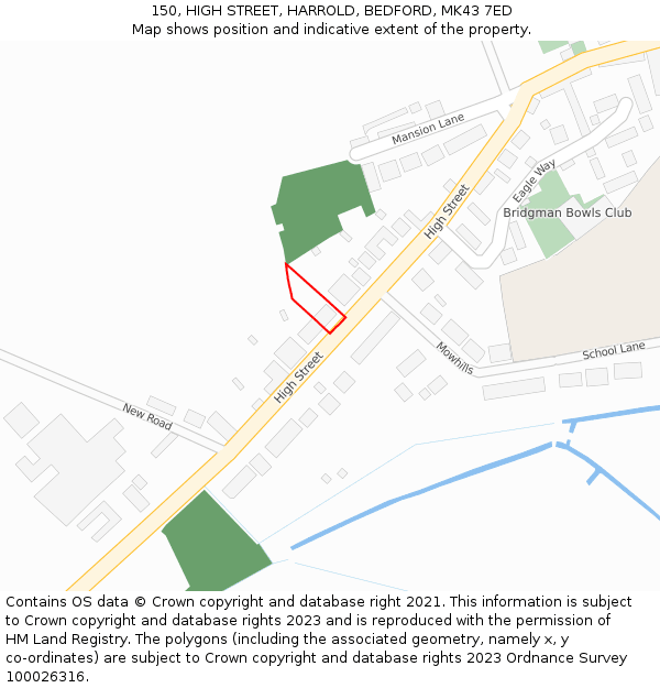 150, HIGH STREET, HARROLD, BEDFORD, MK43 7ED: Location map and indicative extent of plot