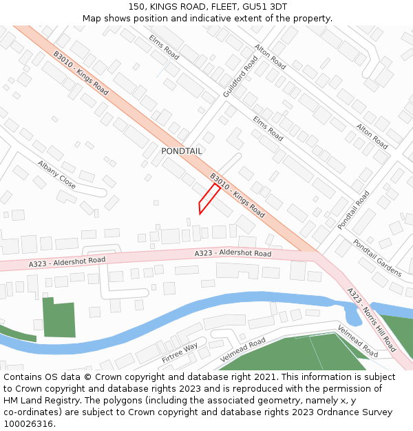 150, KINGS ROAD, FLEET, GU51 3DT: Location map and indicative extent of plot