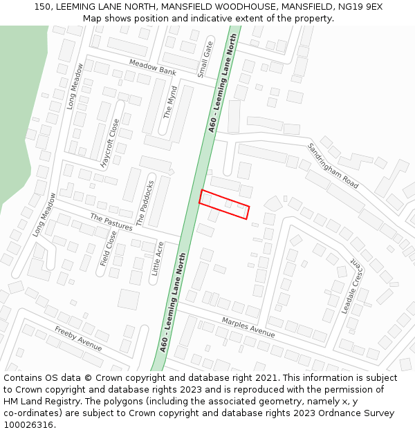 150, LEEMING LANE NORTH, MANSFIELD WOODHOUSE, MANSFIELD, NG19 9EX: Location map and indicative extent of plot