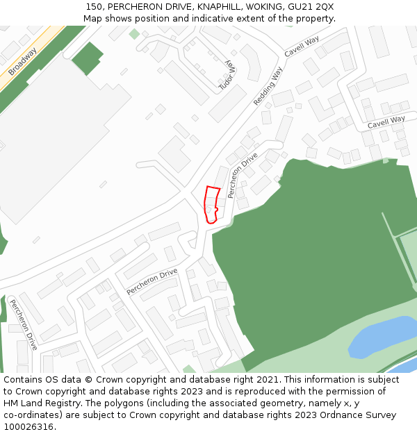 150, PERCHERON DRIVE, KNAPHILL, WOKING, GU21 2QX: Location map and indicative extent of plot