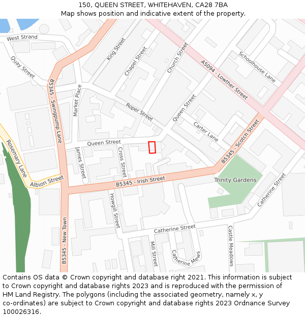 150, QUEEN STREET, WHITEHAVEN, CA28 7BA: Location map and indicative extent of plot