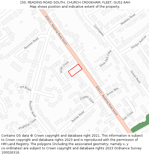 150, READING ROAD SOUTH, CHURCH CROOKHAM, FLEET, GU52 6AH: Location map and indicative extent of plot