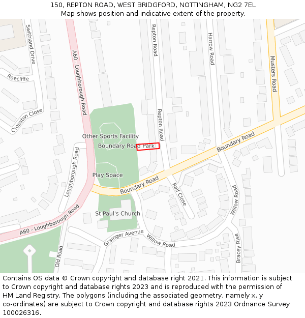 150, REPTON ROAD, WEST BRIDGFORD, NOTTINGHAM, NG2 7EL: Location map and indicative extent of plot