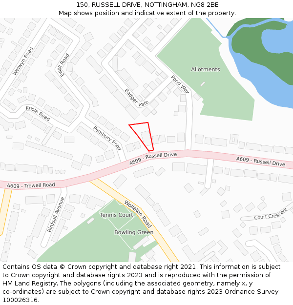 150, RUSSELL DRIVE, NOTTINGHAM, NG8 2BE: Location map and indicative extent of plot