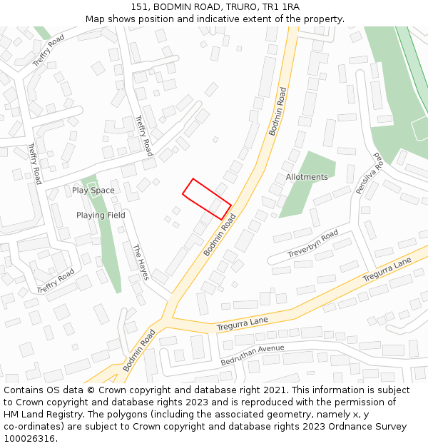 151, BODMIN ROAD, TRURO, TR1 1RA: Location map and indicative extent of plot