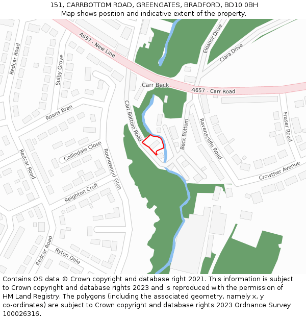 151, CARRBOTTOM ROAD, GREENGATES, BRADFORD, BD10 0BH: Location map and indicative extent of plot