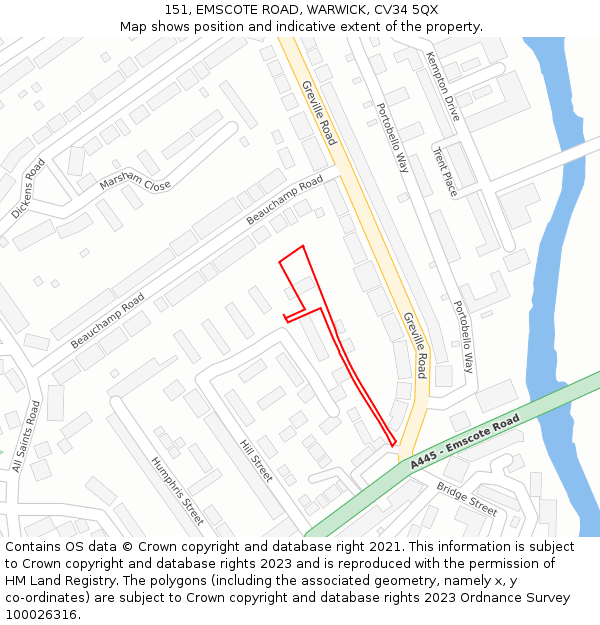 151, EMSCOTE ROAD, WARWICK, CV34 5QX: Location map and indicative extent of plot