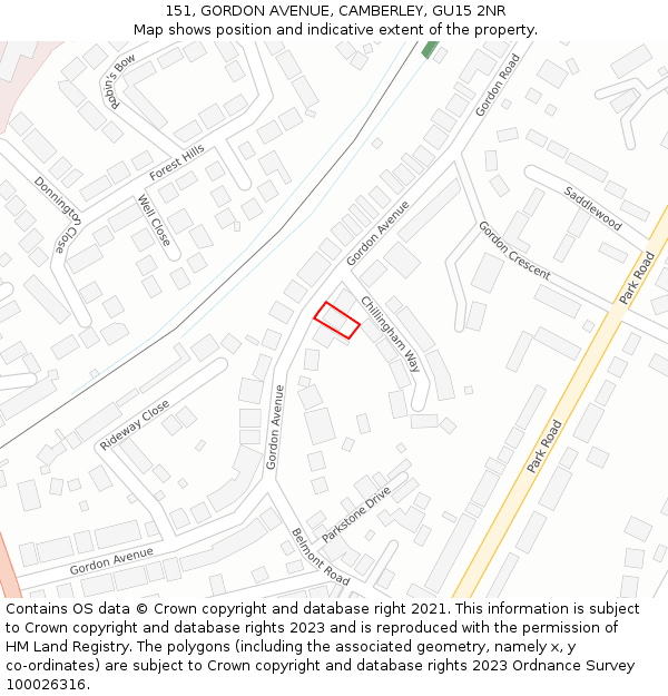 151, GORDON AVENUE, CAMBERLEY, GU15 2NR: Location map and indicative extent of plot