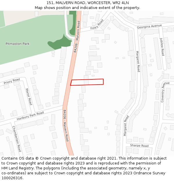 151, MALVERN ROAD, WORCESTER, WR2 4LN: Location map and indicative extent of plot