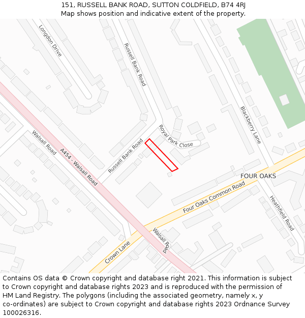 151, RUSSELL BANK ROAD, SUTTON COLDFIELD, B74 4RJ: Location map and indicative extent of plot