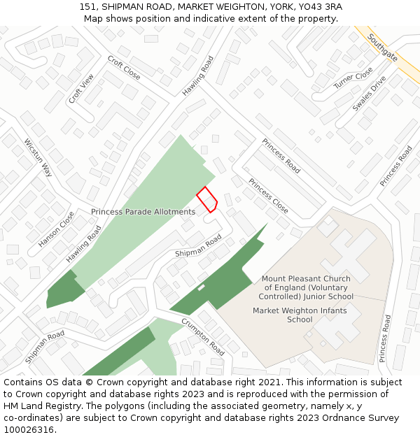 151, SHIPMAN ROAD, MARKET WEIGHTON, YORK, YO43 3RA: Location map and indicative extent of plot