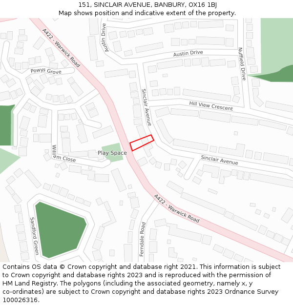 151, SINCLAIR AVENUE, BANBURY, OX16 1BJ: Location map and indicative extent of plot