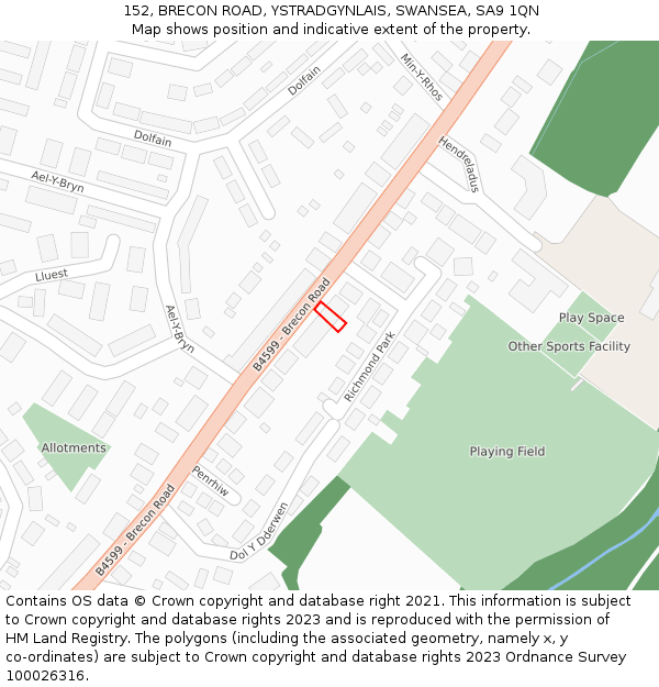 152, BRECON ROAD, YSTRADGYNLAIS, SWANSEA, SA9 1QN: Location map and indicative extent of plot