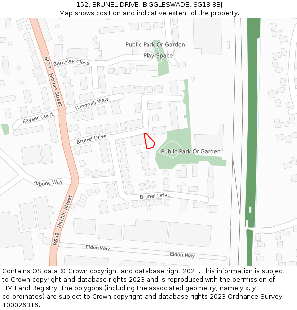 152, BRUNEL DRIVE, BIGGLESWADE, SG18 8BJ: Location map and indicative extent of plot