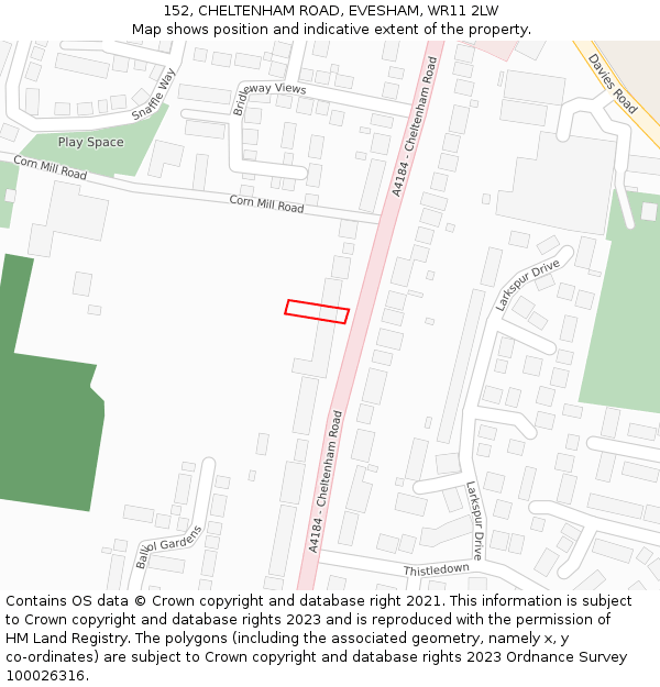 152, CHELTENHAM ROAD, EVESHAM, WR11 2LW: Location map and indicative extent of plot