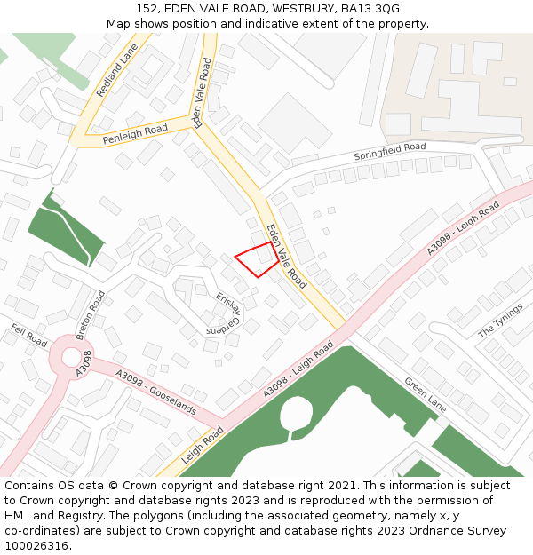 152, EDEN VALE ROAD, WESTBURY, BA13 3QG: Location map and indicative extent of plot