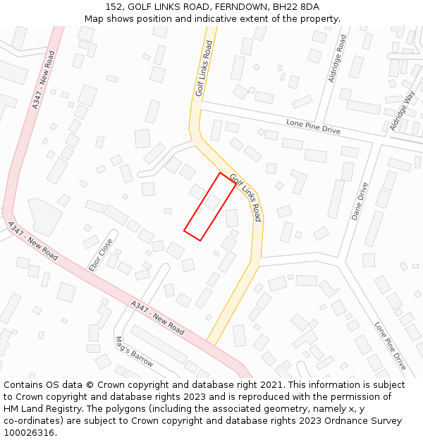 152, GOLF LINKS ROAD, FERNDOWN, BH22 8DA: Location map and indicative extent of plot