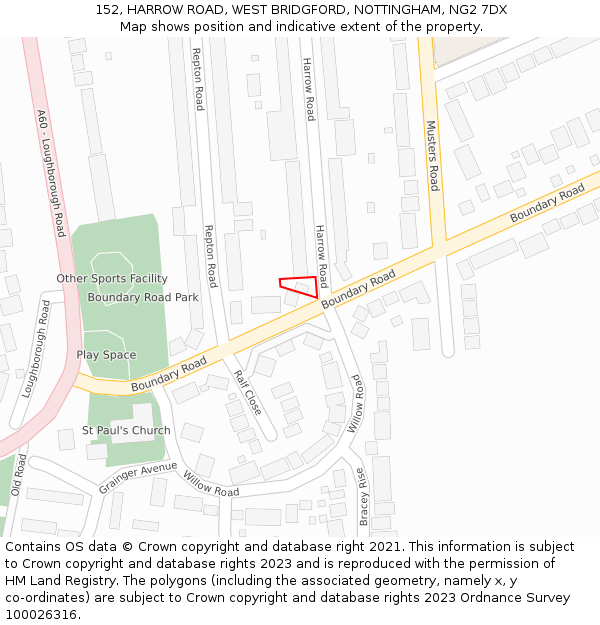 152, HARROW ROAD, WEST BRIDGFORD, NOTTINGHAM, NG2 7DX: Location map and indicative extent of plot