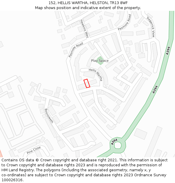 152, HELLIS WARTHA, HELSTON, TR13 8WF: Location map and indicative extent of plot
