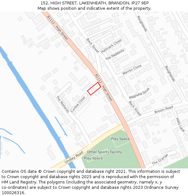 152, HIGH STREET, LAKENHEATH, BRANDON, IP27 9EP: Location map and indicative extent of plot