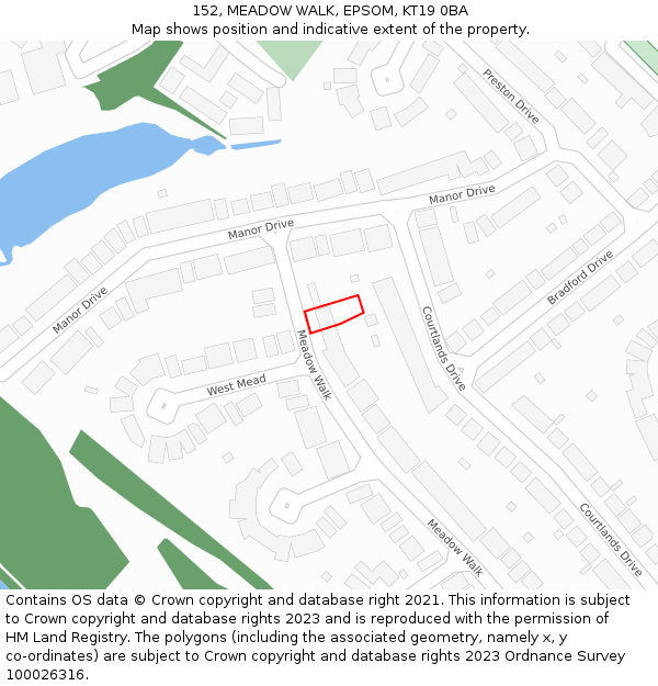 152, MEADOW WALK, EPSOM, KT19 0BA: Location map and indicative extent of plot