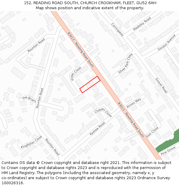 152, READING ROAD SOUTH, CHURCH CROOKHAM, FLEET, GU52 6AH: Location map and indicative extent of plot