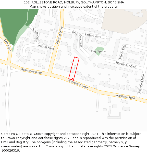 152, ROLLESTONE ROAD, HOLBURY, SOUTHAMPTON, SO45 2HA: Location map and indicative extent of plot