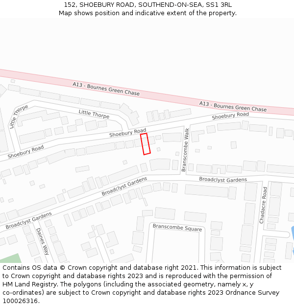 152, SHOEBURY ROAD, SOUTHEND-ON-SEA, SS1 3RL: Location map and indicative extent of plot