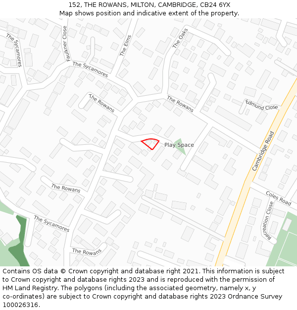 152, THE ROWANS, MILTON, CAMBRIDGE, CB24 6YX: Location map and indicative extent of plot