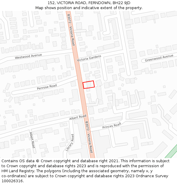 152, VICTORIA ROAD, FERNDOWN, BH22 9JD: Location map and indicative extent of plot