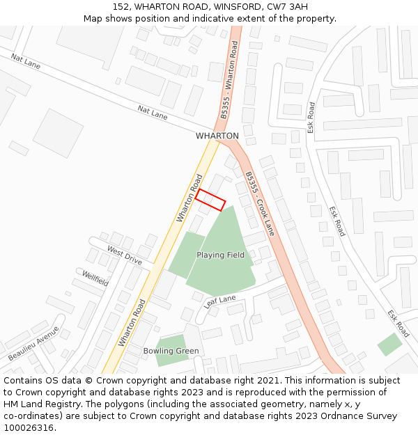 152, WHARTON ROAD, WINSFORD, CW7 3AH: Location map and indicative extent of plot